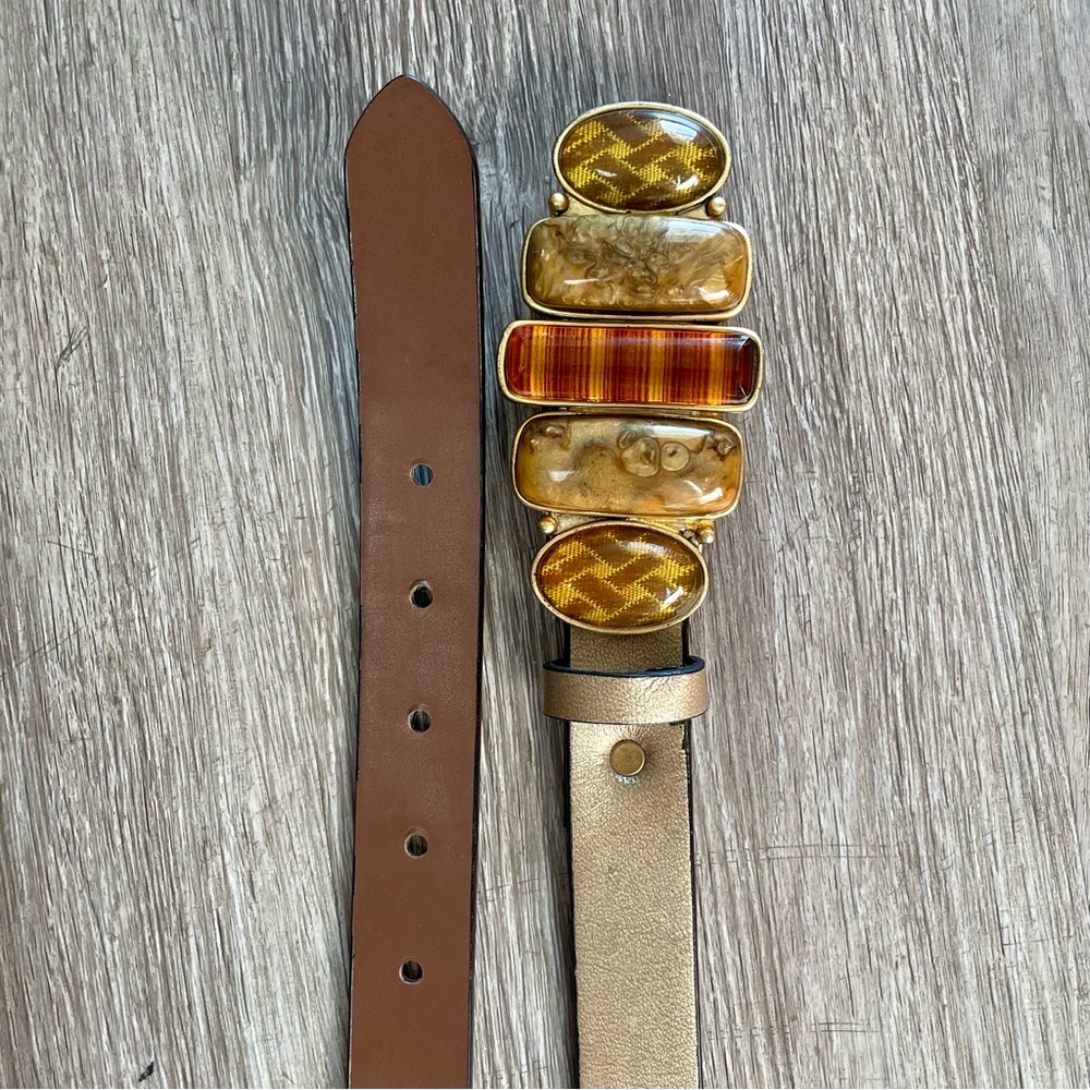 Vintage Chico’s Genuine Split Leather Belt + Gold Tone Stone Embellished Buckle - Picture 10 of 14